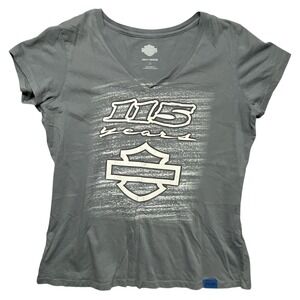 Harley Davidson 115 Years V Neck T Shirt Womens XL Gray Short Sleeve Graphic Tee